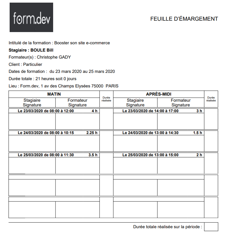 Feuille émargement